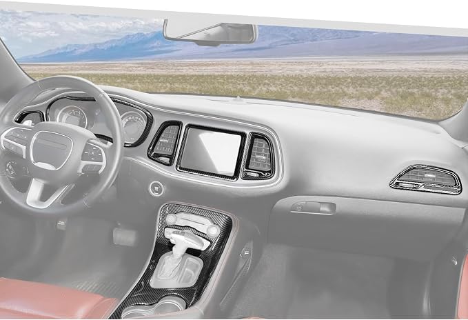 Jimen Fit for Dodge Challenger 2015-2023, 7PCS Carbon Fiber Interior Kits - Dashboard Cover, Center Console Air Outlet AC Vent Trim, Navigation Screen Panel, Gear Shift Panel