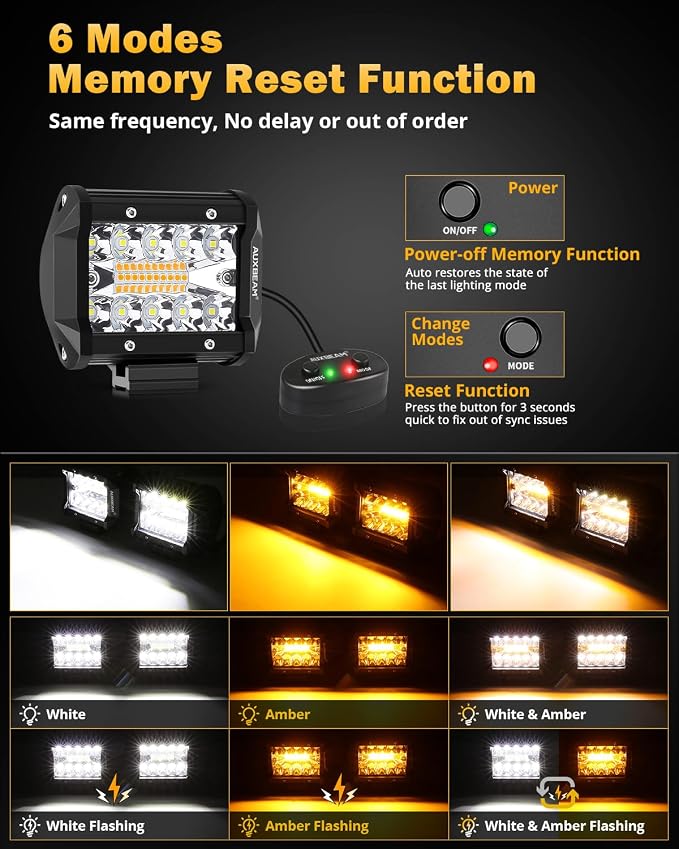 Auxbeam 4-Inch 120W Flashing Strobe LED Pods Off-Road Fog Light Bars | 6 lighting modes series, Amber white dual colors, spot/flood combo, Memory reset function, A-pillar bumper grille mount
