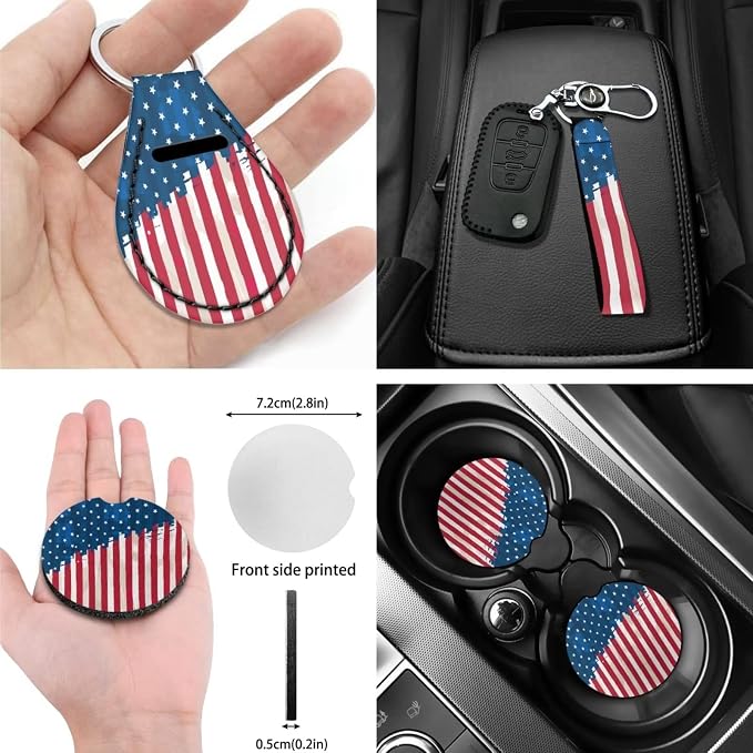 Flag Car Accessories Set of 10, Seat Covers for Cars with Steering Wheel Cover Vehicle Armrest Cover Pad Car Auto Seat Belt Cover Shoulder Pad Absorbent Drinks Cup Mat Keychain Wrist Strap