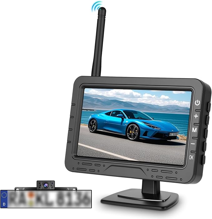 4.3 Inch Wireless Backup Camera for Car- License Plate Reverse Camera, DIY Guide Lines, Night Vision, IP68 Waterproof, Wide Angle, Image Flip, Rear View Camera for Truck Trailer RV Pickup SUV Camper