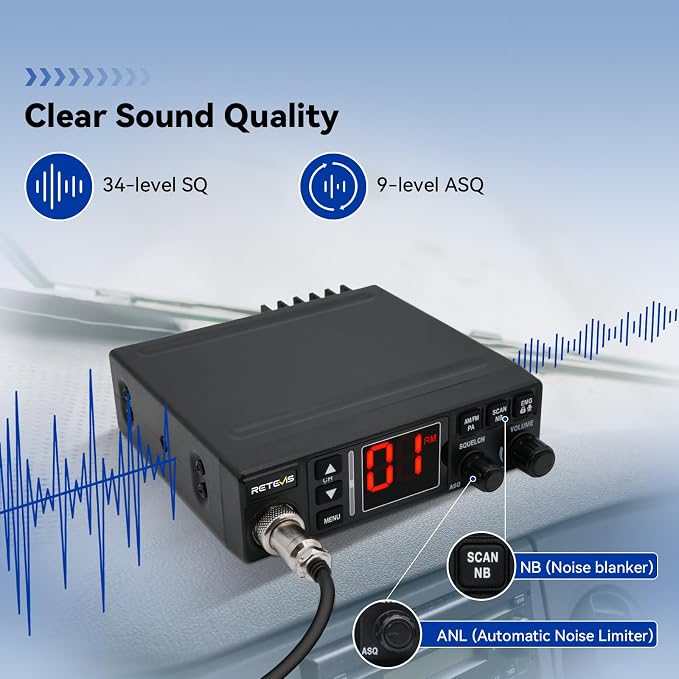 Retevis MB3A 40-Channel AM/FM CB Radio with Cigarette Lighter Plug - 12V & 24V Dual-Voltage for Car and Truck, ANL/NB Noise Reduction, Cooling Set,Hands-Free,PA System,Backlit LCD & Full Mounting Kit