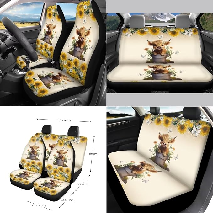 Wanyint Highland Cow Sunflower Car Front Back Seat Covers Full Set, with Car Steering Wheel Cover Safe Belt Pads Coasters Garbage Can Rear View Mirror Cover Keychain Air Vent Storage Holder, Set of 15