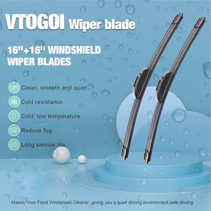 VTOGOI OEM Quality 16''+16'' Premium All-Season Auto Windshield Natural Rubber J-Hook Wiper Blades(Pack of 2)