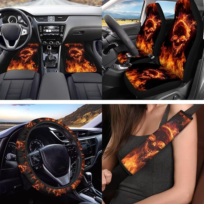 Flaming Skull Car Interior Accessories Set of 18, Car Seat Covers Full Set with Auto Steering Wheel Cover Floor Mats Seat Belt Pads Armrest Pad Handle Wraps Keychains Cup Coasters