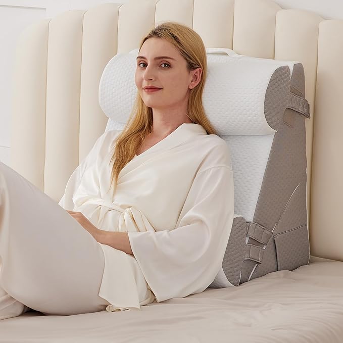 BIEEZZK 4PCS Wedge Pillow Set for After Surgery, Back Pillow for Bed Sitting up, 9&12inch Adjustable Memory Foam Bed Wedges, Pillow Wedge for Acid Reflux, Back Pain Relief, Snoring, White/Grey