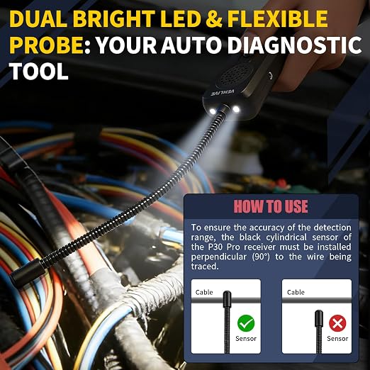 P30 Pro Circuit Tracer with Dual LED Lights, Automotive Electrical Open & Short Finder, Fault Probe Cable Tester, Diagnostic Tool for Vehicle Wiring Repair, Cable Toner, DC 6-42V(With Battery)