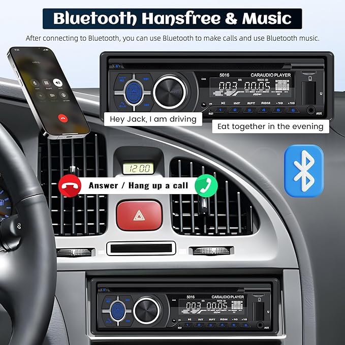 Single Din Car Radio CD Player,Car DVD Player with Bluetooth Hands-Free Calling Car Stereo MP3 Car Player Car Audio Receivers with AM/FM Radio,VCD,DVD,USB/SD Card/AUX-in MP3