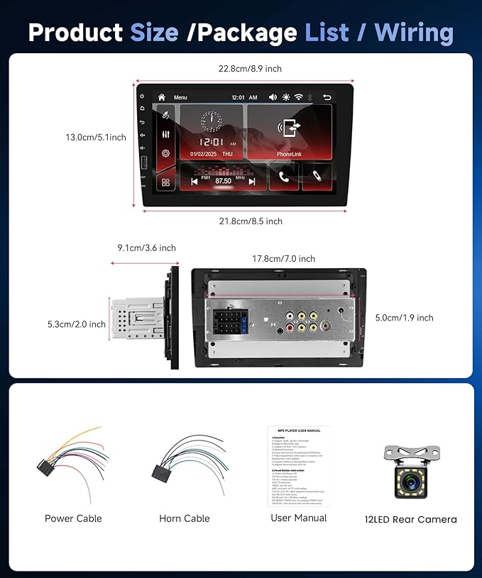 Single Din Car Stereo Support Wireless Carplay Android Auto You-Tube, 9-Inch IPS Touch Screen Car Radio 1 Din with backup Camera Car Audio Receiver Support Mirror Link Bluetooth FM USB EQ SWC