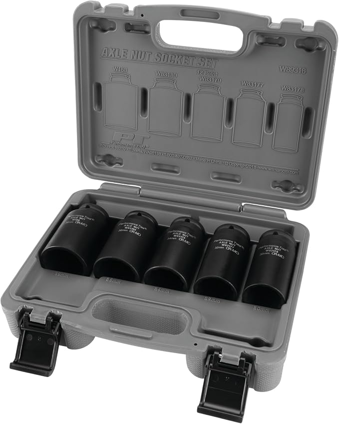 Performance Tool W89316 5-Piece 12 Point Axle Nut Socket Set - Chrome Moly for Strength, Sizes 30mm to 39mm, Includes Fitted Blow Molded Storage Case