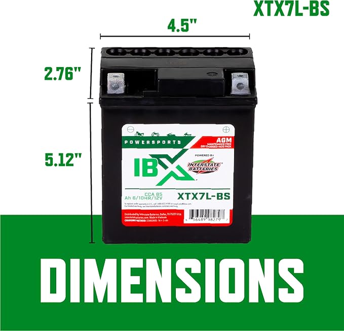 Interstate Batteries YTX7L-BS 12V 6Ah Powersports Battery 85CCA AGM Rechargeable Replacement for Honda, Suzuki, Piaggio Motorcycles, ATVs, Scooters, Snowmobiles (XTX7L-BS)