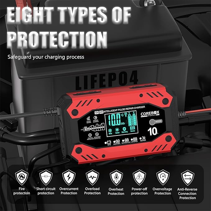Battery Charger 10-Amp 12V/24V Smart Trickle Charger for Car - Battery Maintainer Trickle Charger, and Automotive Battery Charger with Temperature Compensation for Car Truck Motorcycle Lawn Mower