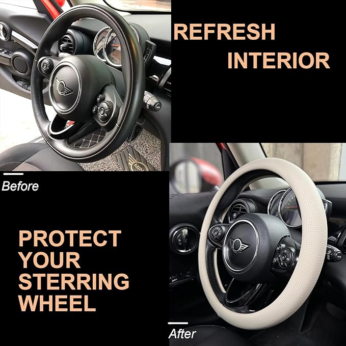 PINCTROT Large Size Nappa Leather Steering Wheel Cover, Slim Fit No Bulk Design, One Piece Leather with Breathable Perforation, Fit Like Gloves, 15.5-15.75 Inch(Nappa Beige)