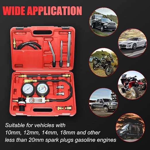 JIFETOR Cylinder Leak Down Tester Kit, Automotive Engine Compression Dual Gauge Leakdown Test Set with 10 12 14 18mm Spark Plugs Universal for Small Engine Motorcycle ATV, Red Case