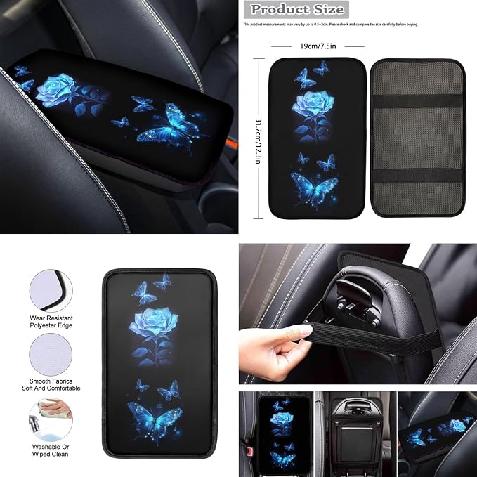 Howilath Blue Rose Butterfly Front Car Seat Covers Set with Center Console Cover+Steering Wheel Cover+Seatbelt Pads+Keychain+Coasters Interior Accessories Fit Sedan Truck Van