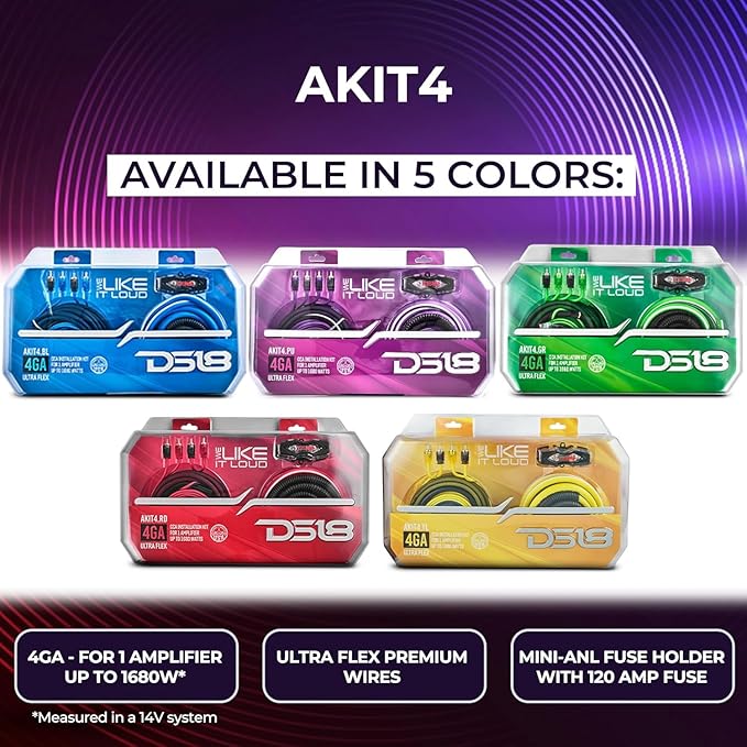 DS18 AKIT4.PU 4-GA Amplifier Installation Kit Up to 1680 Watts RMS, Mini-ANL Fuse Holder, Speaker & RCA Cables, CCA Amplifier Wiring Kit, Ultra Flex Wire, Amp Wire Kit, Amp Wiring Kit 4 Gauge - Purple