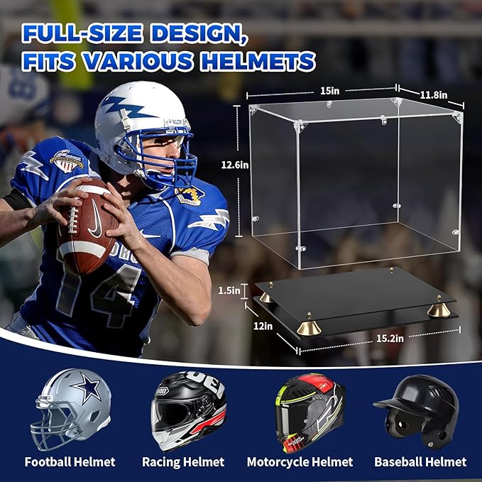 KOLIPI Football Helmet Display Case, Full Size Clear Acrylic Case Display for Football Baseball Motorcycle Helmet, Self-Assembly Showcase with Double Layer Base, Protector for Signed Memorabilia