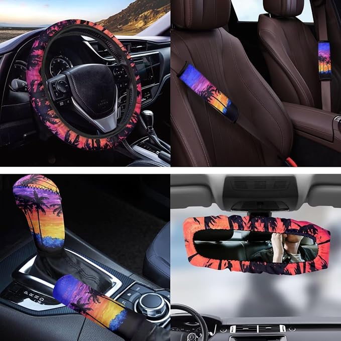 Coconut Tree Car Seat Covers Full Set 11 Pack Auto Seat Belt Cover Steering Wheel Cover Gear Lever Cover Hand Brake Cover Universal Fit for Cars SUV