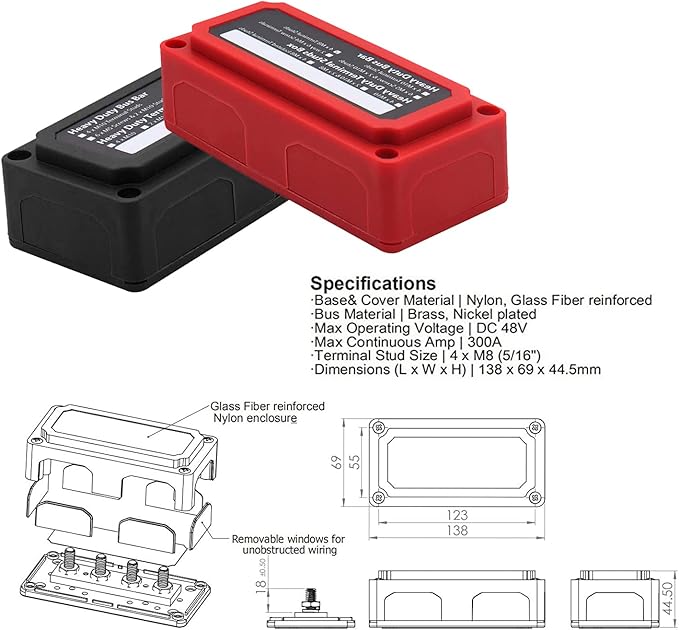 300A Bus Bar 12V Heavy Duty Module Design Power Distribution Block Waterproof Bus bar Box with 4X M8(5/16") Terminal Studs for Battery Marine Automotive RV Car Truck (Black & Red)