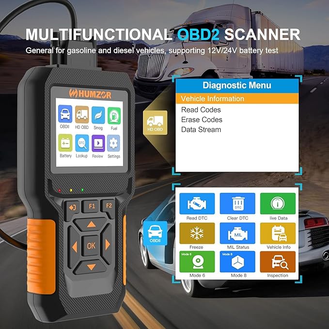 Heavy Duty Truck Scanner NC601, Diesel Diagnostic Scan Tool & Code Reader for Cummins, Freightliner, Detroit, Volvo, Paccar, 2 in 1 Truck & Car Engine Code Reader/OBD2 Scanner