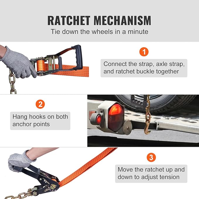 VEVOR Car Tie Down with Chain Anchors, Lasso Style 2"×120" Tire Straps, 5865 LBS Working Load, 11023 LBS Breaking Strength, with Heavy Duty Ratchets for Passenger Car, ATV, SUV, UTV, Truck, 4-Pack