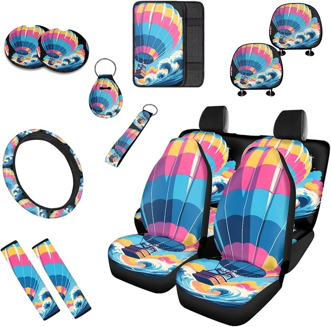 Balloon 13 Pcs Car Seat Covers, Cartoon Rainbow Hot Air Balloon Universal Driver Seat Cover Protector Armrest Pad, Sea Wave Steering Wheel Armrest Cover Seatbelt Cup Mats