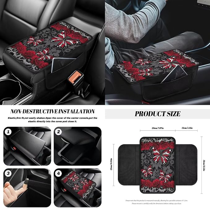 14Pcs Car Seat Covers Full Set Butterfly Rose Leopard Print Car Front Back Seat Covers with Steering Wheel Cover Armrest Cushion Safety Belt Pads Rearview Mirror Cover, Easy to Install