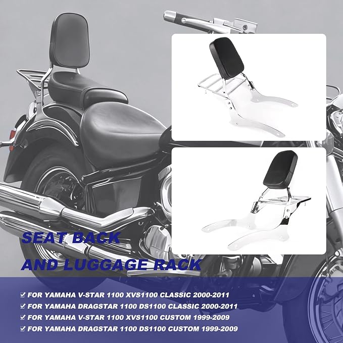 Motorcycle Sissy Bar & Passenger Sissy Bar Backrest with Luggage Carrier Rack for Yamaha VStar Dragstar 1100 XVS1100 DS1100 (Chrome)