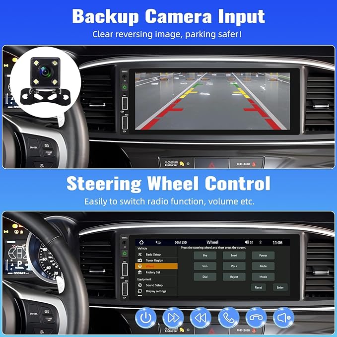 【EQ+5.1-Bluetooth】 Single Din Car Stereo Radio Receiver with A-pple CarPlay Andriod Auto GPS，6.9“ HD Touch Screen 1 din Car MP5 Player FM Radio Mirror Link USB Fast Charge Media Player Backup Cam