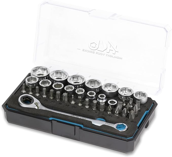 HB Pass Thru 120-Tooth Low Profile Ratchet Wrench Set 38 Piece Non Slip Sockets for Rounded or Standard Bolts with Star Bits Chrome Vanadium Steel Portable EVA Case Made in Taiwan AGM025-G