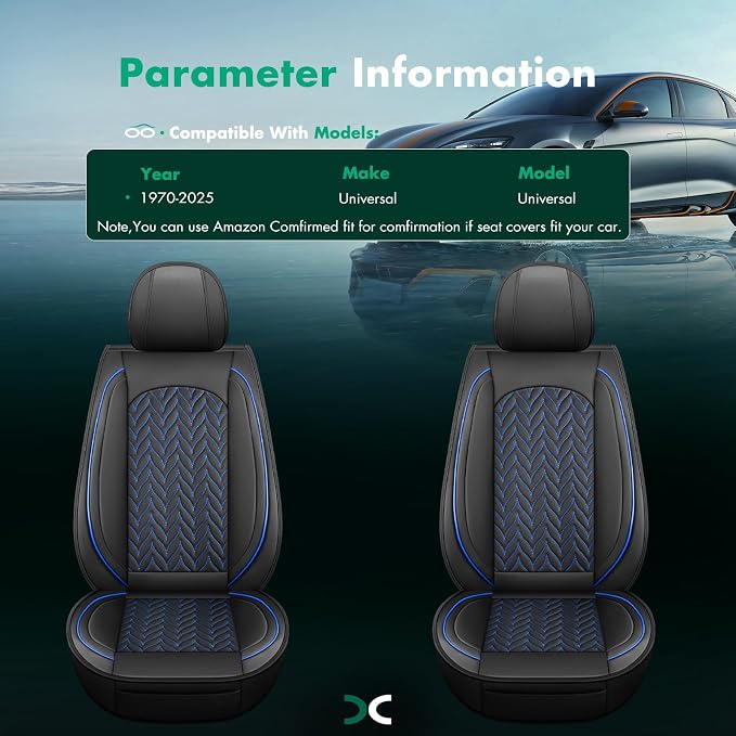 SCITOO 2PCS Universal Waterproof Front Car Seat Covers,Black&Blue | Leather Car Seat Covers，Airbag-compatible,Detachable design, easy to install & remove,Fits for Chevrolet, For Ford