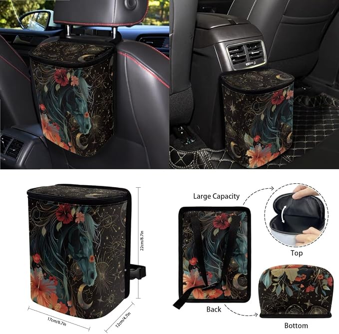 Horse Hibiscus Moon Print Car Seat Cover Full Set of 15 Steering Wheel Cover Seat Belt Strap Pad Trash Bag Air Vent Storage Holder Cup Coasters Rear View Mirror Covers Key Chain