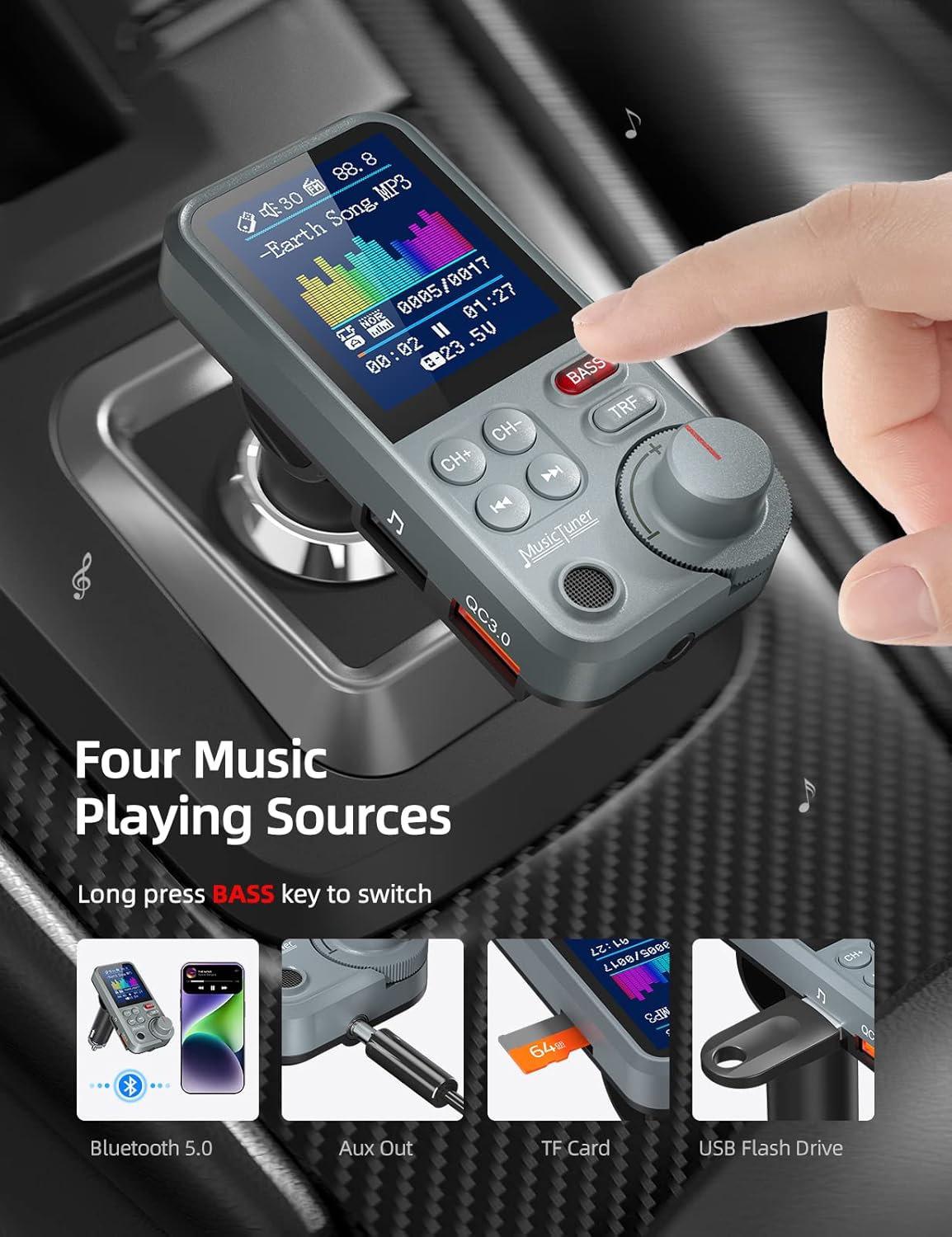 Nulaxy FM Bluetooth Transmitter for car, Strong Microphone Bluetooth Car Adapter with 1.8" Color Screen for Hands-Free Calls, Supports QC3.0 Charging, Treble and Bass Sound Music Player- KM30 Grey
