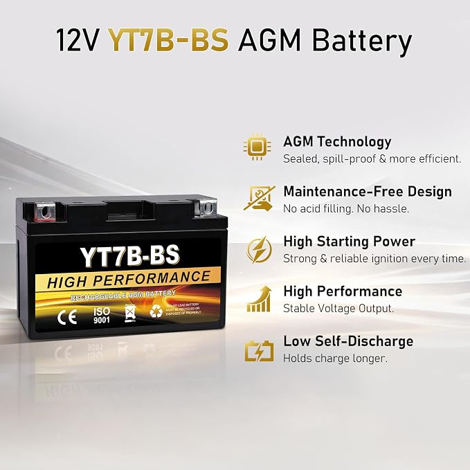 YT7B-BS 12V 6Ah AGM Sealed Motorcycle Battery, Maintenance-Free, Compatible with Yamaha ATV, Ducati, Kawasaki