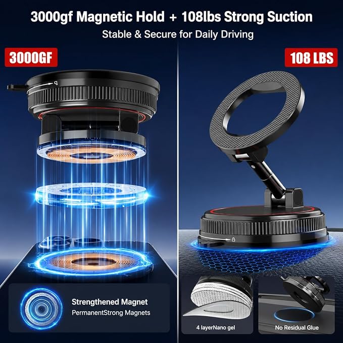 Magnetic Car Phone Holder Mount, Compatible with MagSafe, 108LBS Vacuum Suction Car Mount, 3000gf Magnetic Hold, 360° Adjustable Foldable Dashboard Windshield Phone Mount for iPhone 17-12 & Android