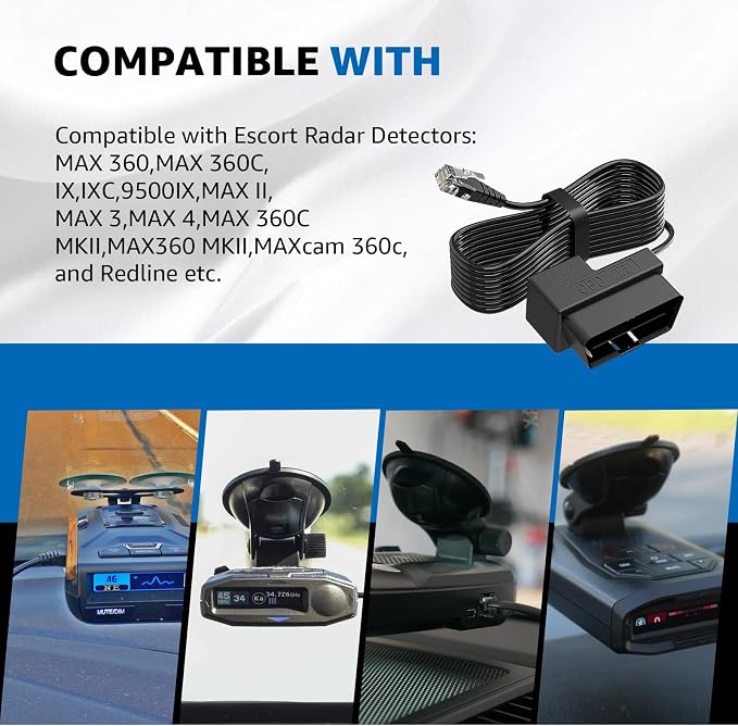 Upgraded OBDII to RJ11 for Escort Radar Detector Power Cord - for Escort MAX 360/360c,IX,IXc,9500 IX,MAX II/3/4,and Redline 360c etc.