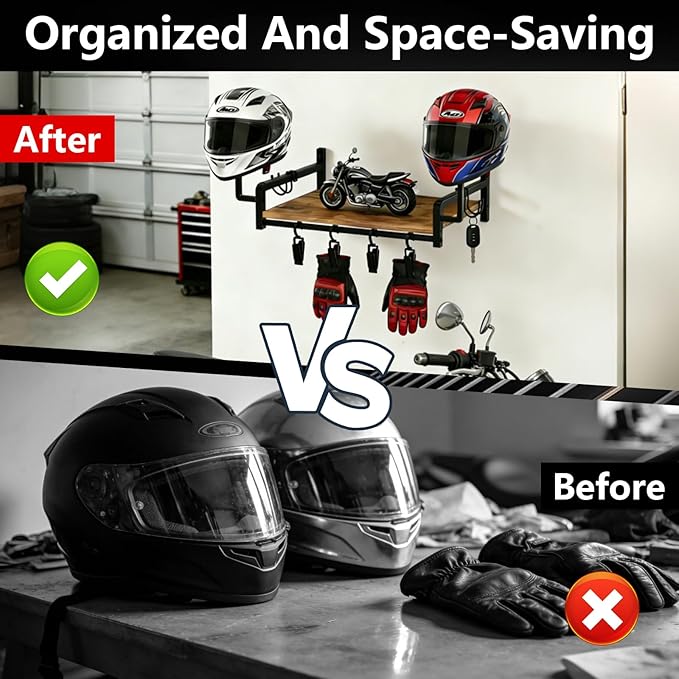 Helmet Rack Wall Mount,Solid Wood Motorcycle Helmet Rack with 4 Hooks & 4 Clips,Universal Wall Mount for Helmets, Gear, Clothes,Motorcycle Accessories