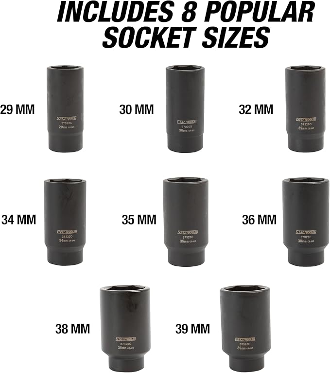 OEMTOOLS 37320 Axle Nut Socket Set, 6-Pt 1/2 Impact Socket Set, 8Pc Metric 1/2 Socket Set, Impact Socket Set 1/2 Drive for Axle Nuts, Impact Sockets 29mm to 39mm, Socket Sets Storage Case