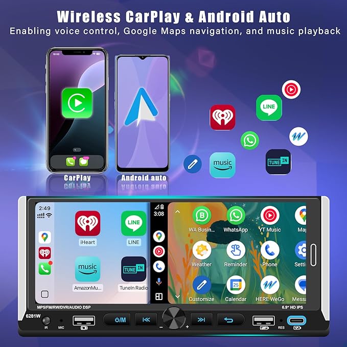 Wireless Apple CarPlay, Single DIN Car Radio, Car Stereo with 6.86" HD IPS Touchscreen, Bluetooth 5.2, Android Auto, Dual USB & Fast Charging, Backup Camera, FM Radio, DSP EQ Audio Subwoofer