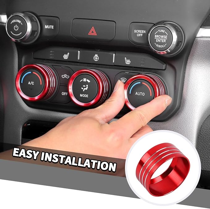 Jimen for Ram Center Console Knob Covers, 7PCS AC Air Conditioner Audio Volume Button & Headlight Switch & 4WD Shifter Knob Ring Trim Fit for Dodge Ram 2018-2025 (Red)