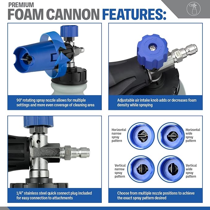 Essential Washer Premium Foam Cannon Pressure Washer | 90 Degree Adjustable Spray Nozzle Car Foam Sprayer | Stainless Steel QC Plug