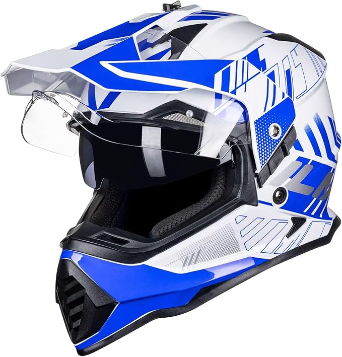 ILM Dual Sport Adventure Motorcycle Helmet with Pinlock Compatible Sun Visor Snowmobile ATV Dirt Bike Off Road Casco Model WS902 (Blue White, 2XL)