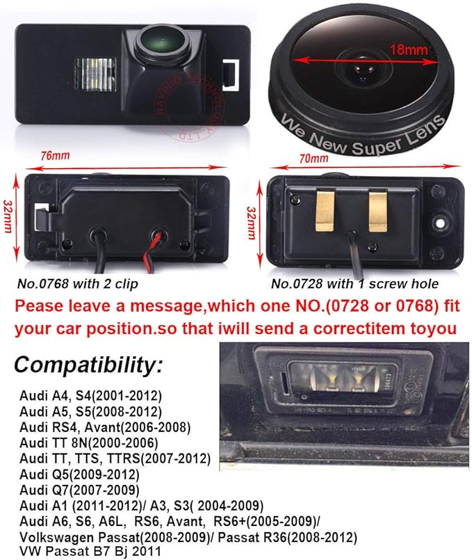 1280 * 720 Pixels 1000TV Lines car Rear View Backup Camera Parking Vehicle Camera Replacement for Audi A1 A3 S3 A4 S4 A5 S5 A6 A6L S6 A8 Q5 Q7 A8L S6 RS4 Avant TT Passat B7 Waterproof Night Vision