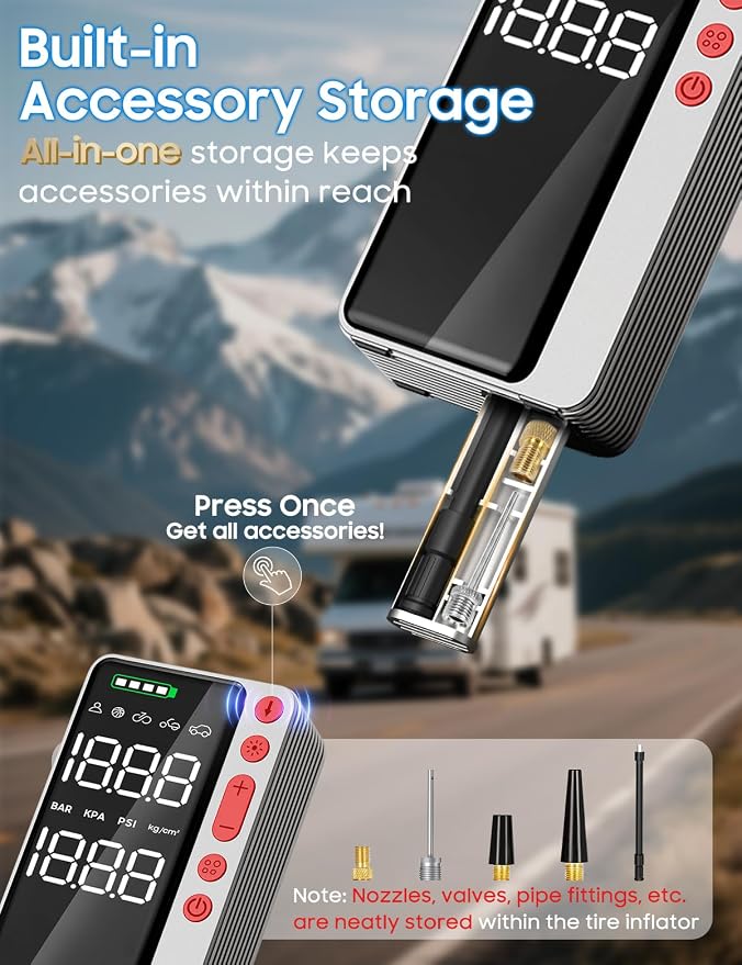 MATULSA Tire Inflator Portable Air Compressor, Silver Smart Air Pump for Car Tires, All-in-One Storage Bike Tire Pump with LED Light, 10000mAh&150PSI Pump for Motor, Bicycle and More, Auto Shut-Off