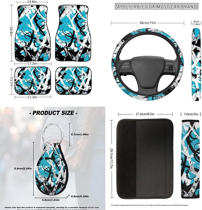 Blue Branch Design Car Interior Accessories Set of 18, Car Seat Covers Full Set with Floor Mats Steering Wheel Cover Shoulder Pads Armrest Pad Cover Roof Gloves Cup Coaster Keychain