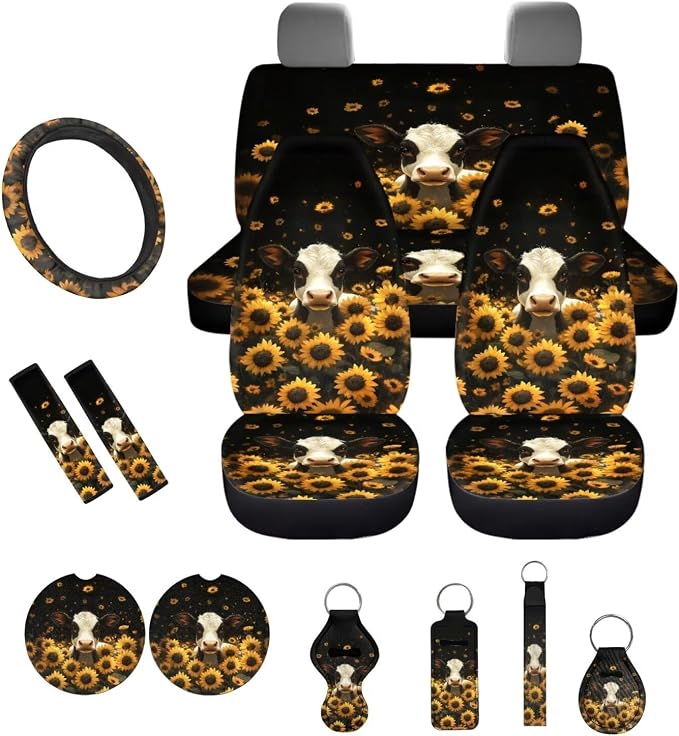Cow Sunflower Black Print Car Accessories Car Seat Covers Full Set with Steering Wheel Covers+Seat Belt Pads+Coasters+Keychain+Lipstick Holder Universal Fit 13 Pack