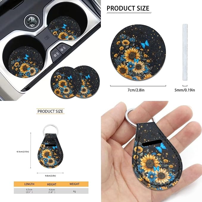 Xoenoiee Sunflower Blue Butterfly Print Car Seat Covers and Accessories, Front Rear Seat Covers, Steering Wheel Cover, Seat Belt Pads, Coasters, Keychains for Car SUV Decor, 11 PCS Set