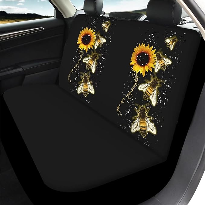 Suobstales Bee Sunflower Car Seat Covers Full Set with Wheel Steering Covers You are My Sunshine Vehicle Seats Protector,Seat Belt Pads,Keychain,Coasters for Auto Truck Van SUV