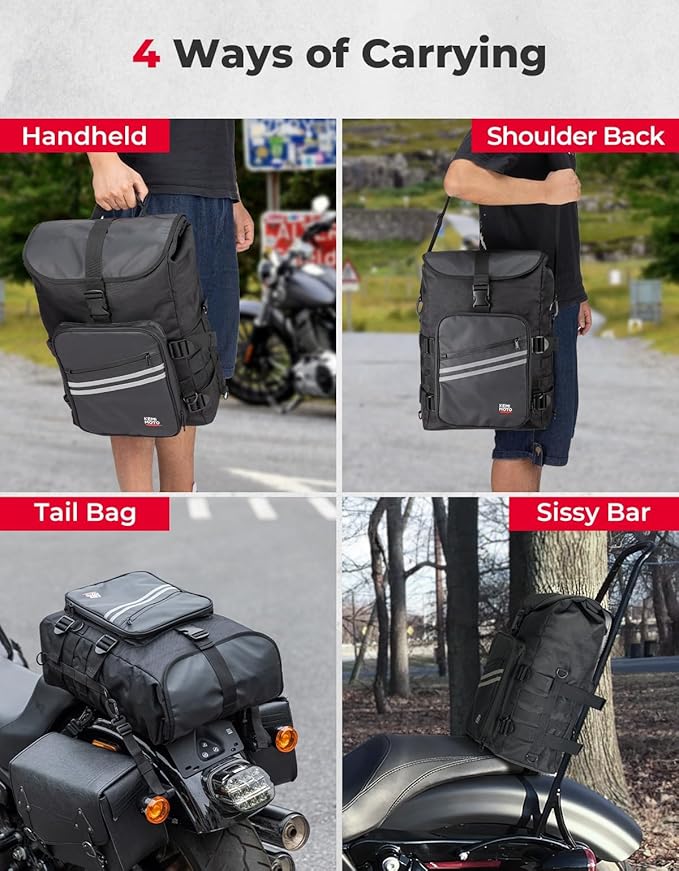 KEMIMOTO Motorcycle Sissy Bar Bag 30L Motorcycle Tail Travel Luggage Bag with Waterproof Rain Cover for Trip Camping Outdoor Motorbike with 4 Straps 1 Shoulder Strap