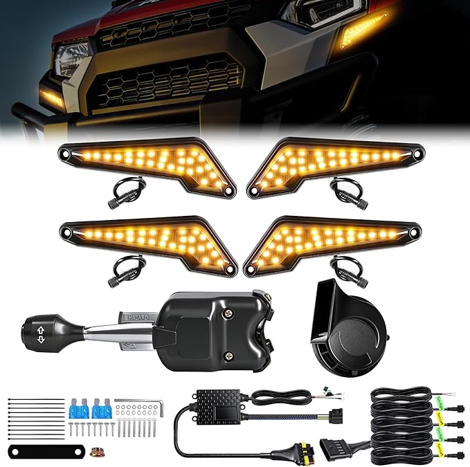 UTV Turn Signal Kit with 110D Horn, Pre-Wired, Plug & Play UTV Universal Street Legal Blinker kit with Lever Column Switch, Compatible with Polaris, Can-Am, CFMOTO for Side By Side