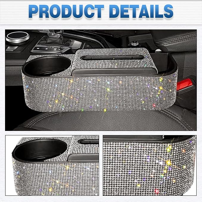 Auto Gap Filler Multifunctional Car Seat Organizer, Multi-Function Tissue Storage Box w/Cup Holder, Auto Console Side Storage Box, White Rhinestone - White